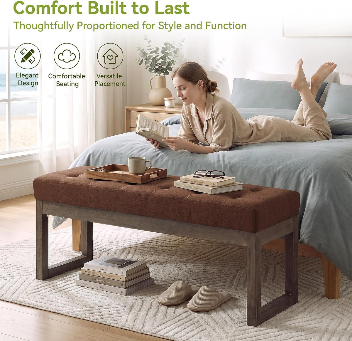 Dark‑Brown Upholstered Entryway Ottoman Bench