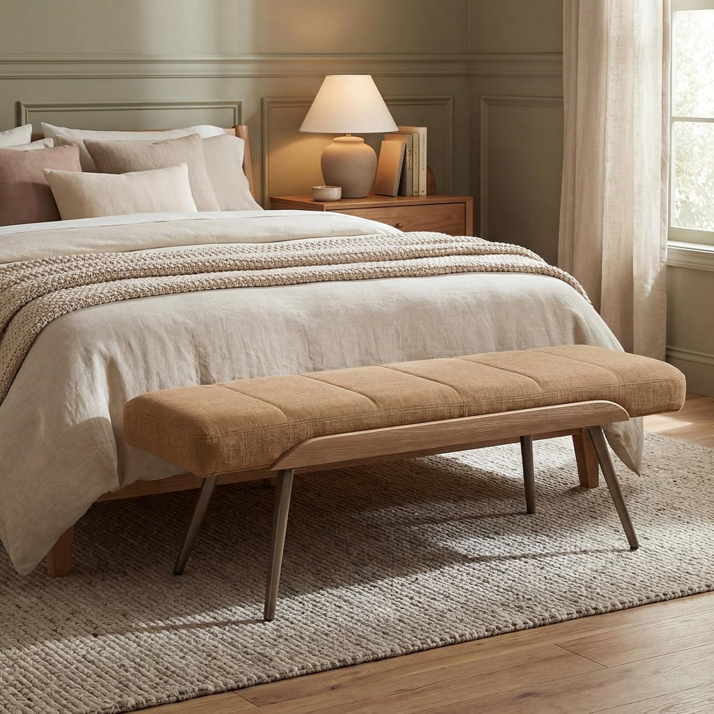 Brown Linen Upholstered Metal‑Leg Ottoman Bench