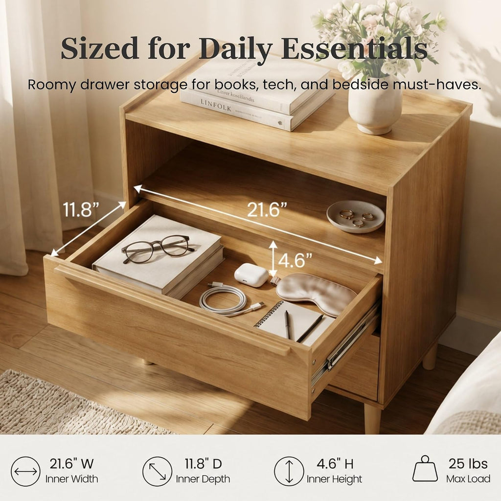 Natural Oak 2‑Drawer Charging Nightstand