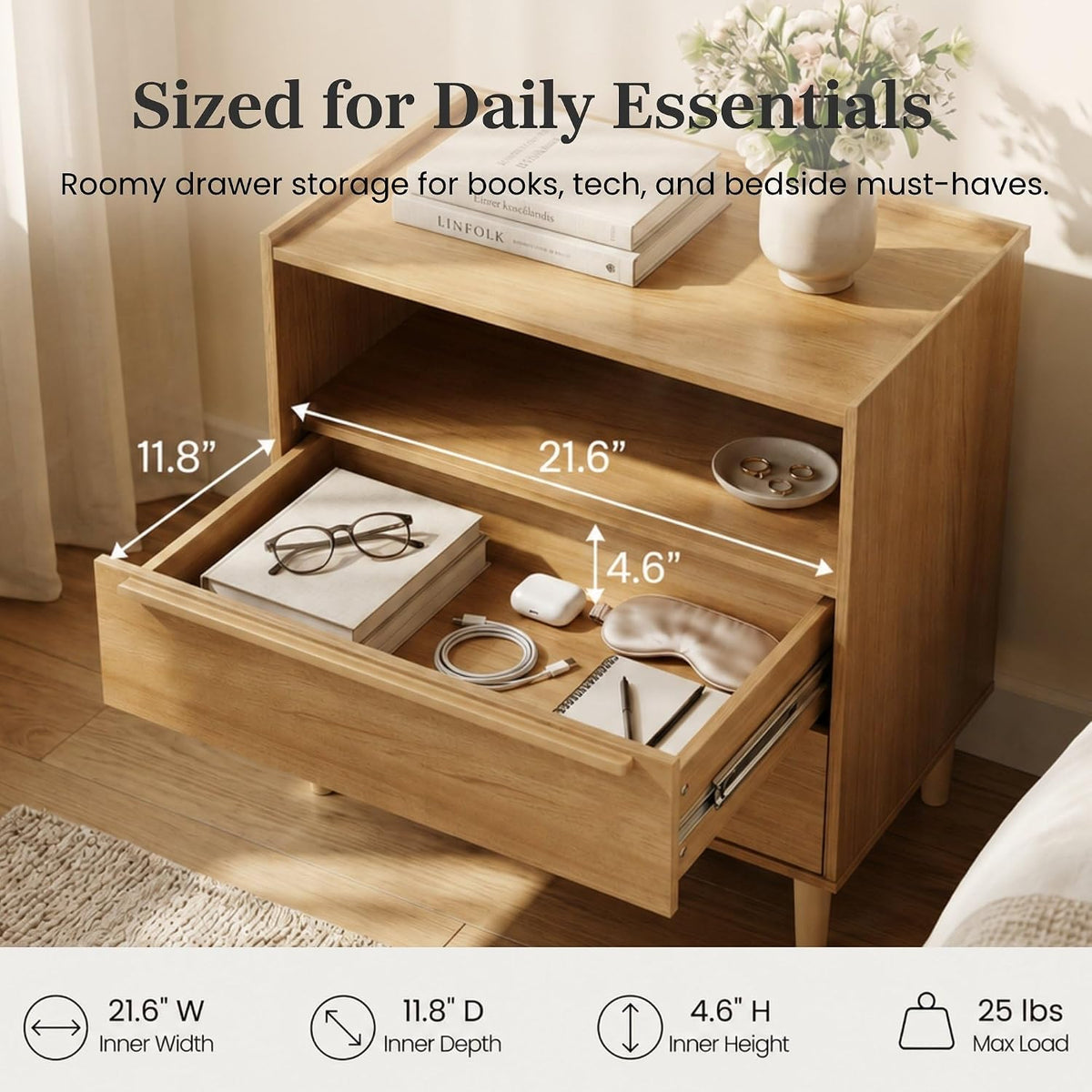 Natural Oak 2‑Drawer Charging Nightstand
