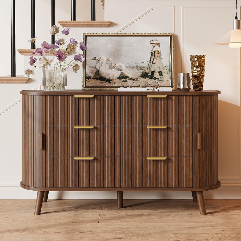 Fluted Mid‑Century 6‑Drawer Dresser