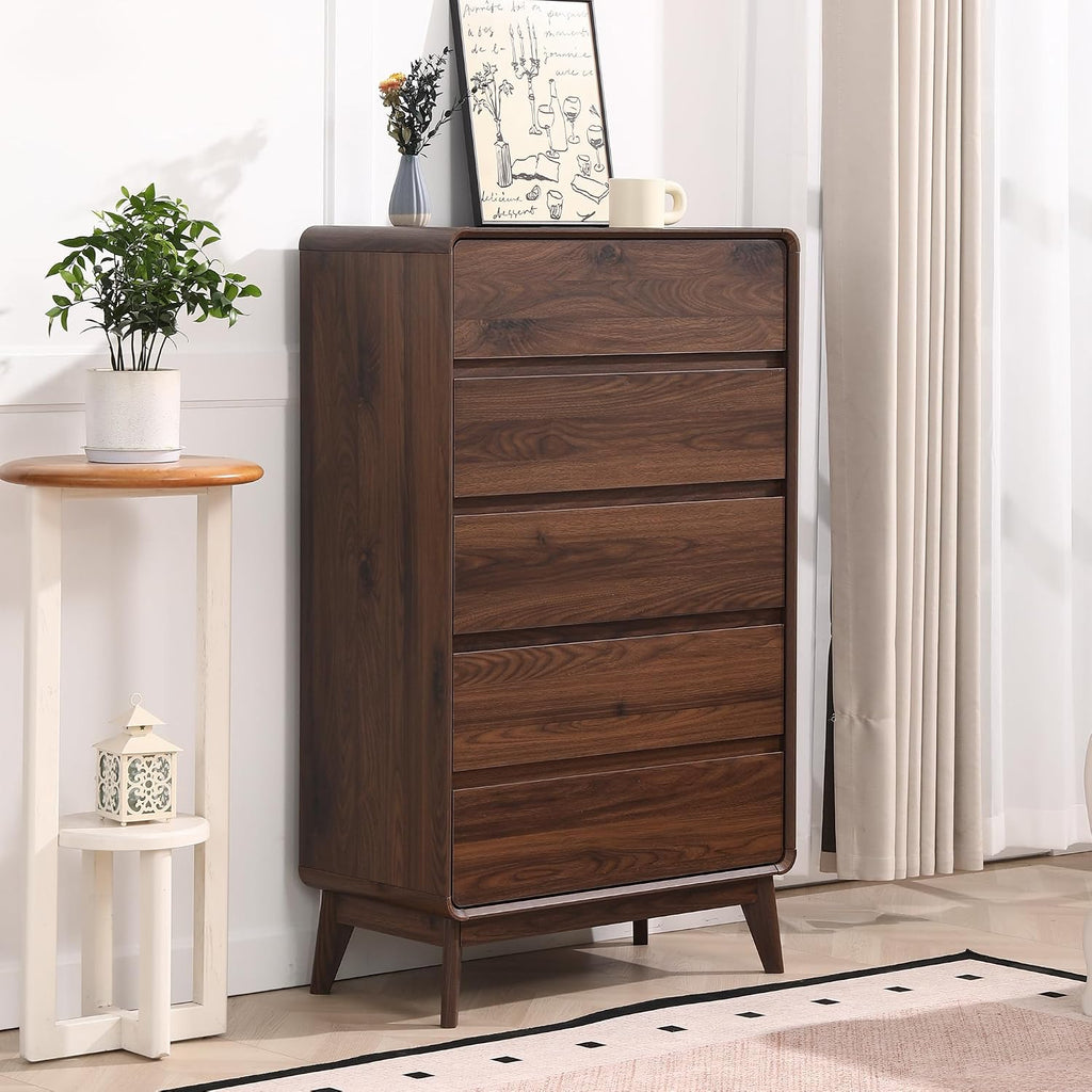 Walnut Tall 5‑Drawer Bedroom Chest Dresser