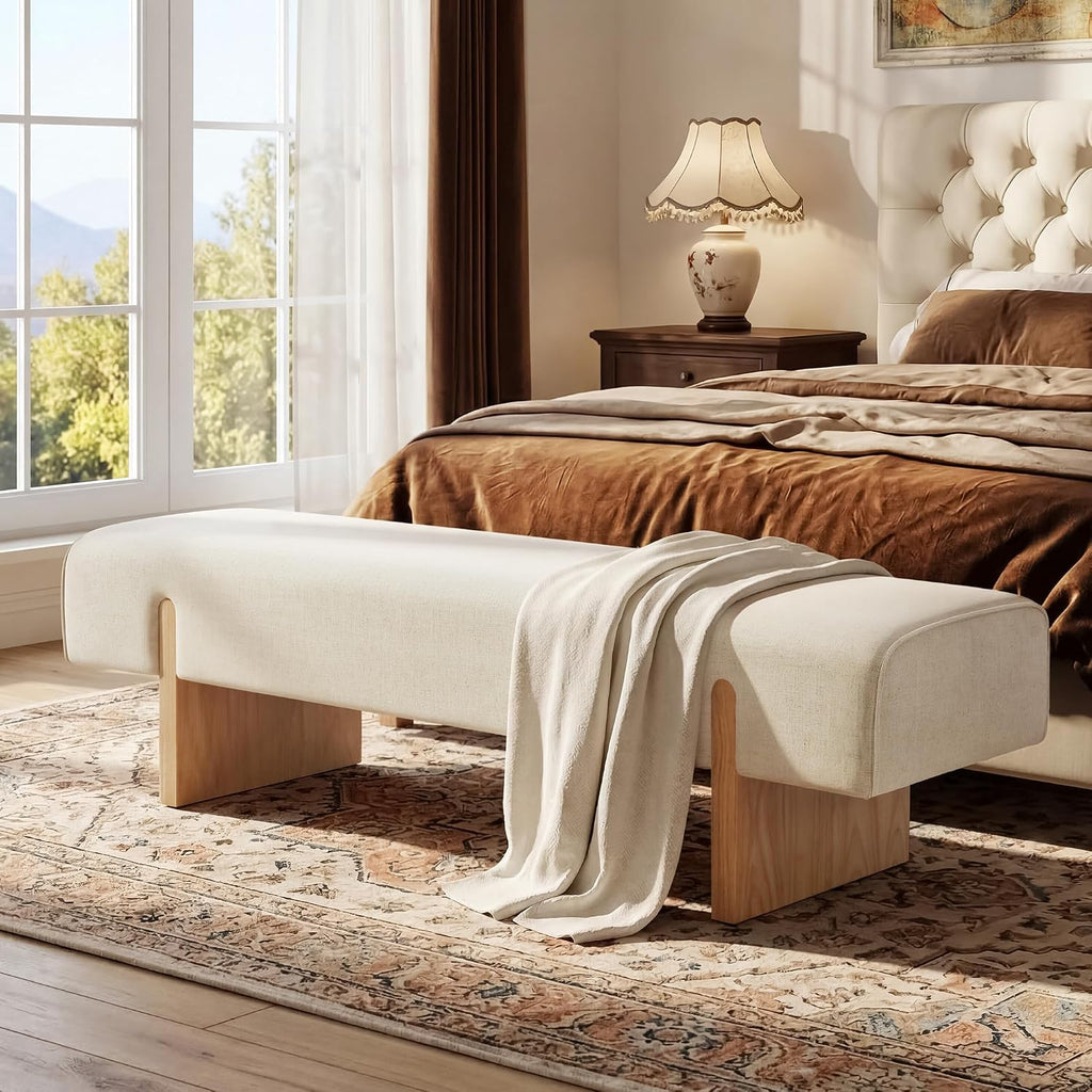 Solid‑Wood Leg Natural‑Linen Upholstered Bed End Bench