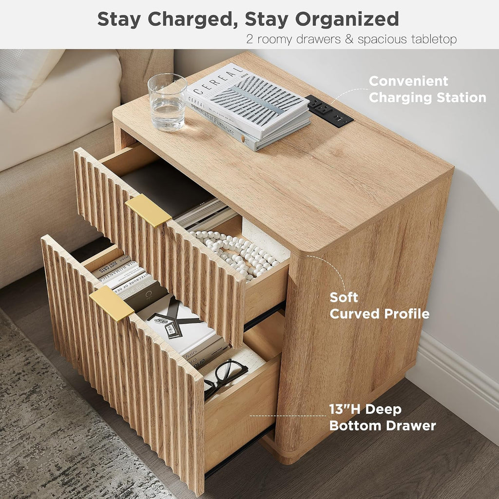 Natural Oak Fluted Charging Nightstand