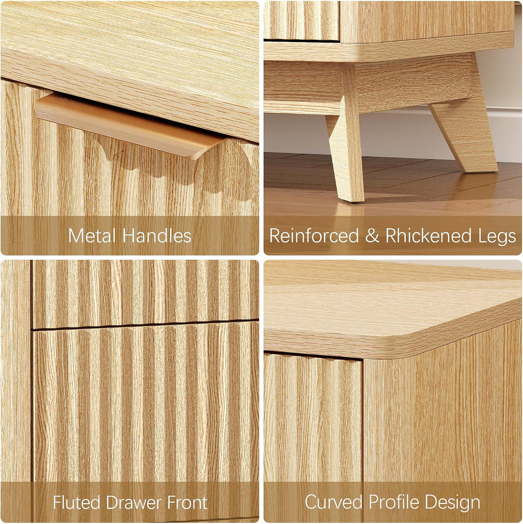 Oak Fluted Nightstand with 3 Drawers