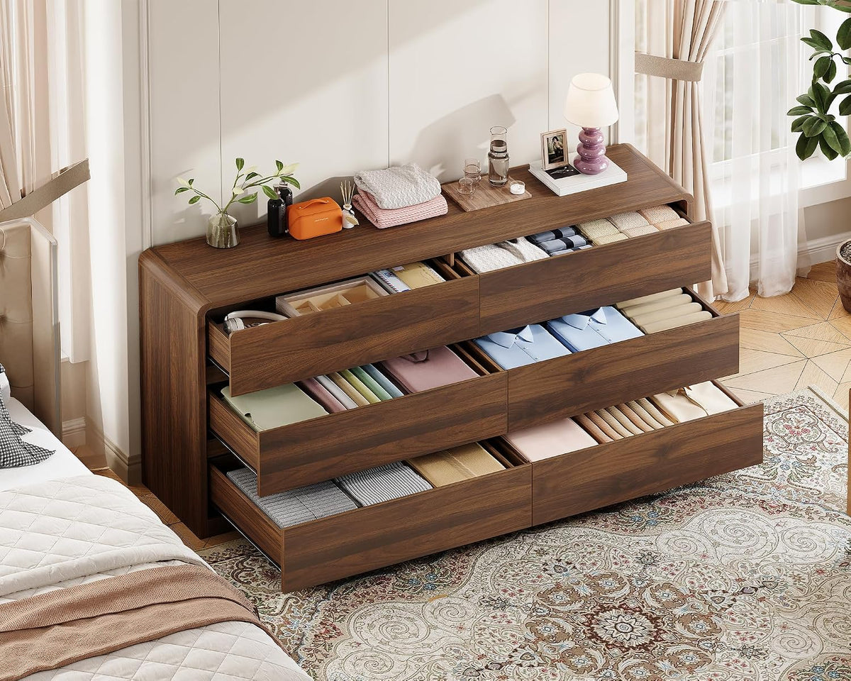 Walnut Curved 6‑Drawer Bedroom Dresser