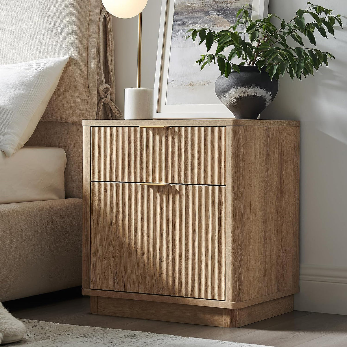 Natural Oak Fluted Charging Nightstand