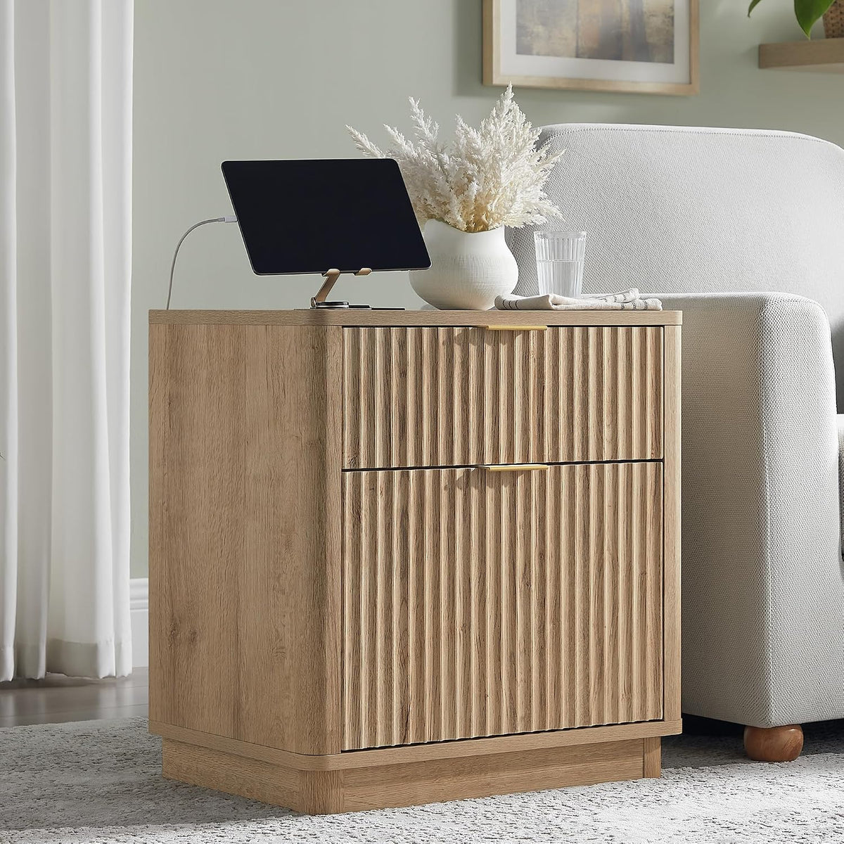 Natural Oak Fluted Charging Nightstand