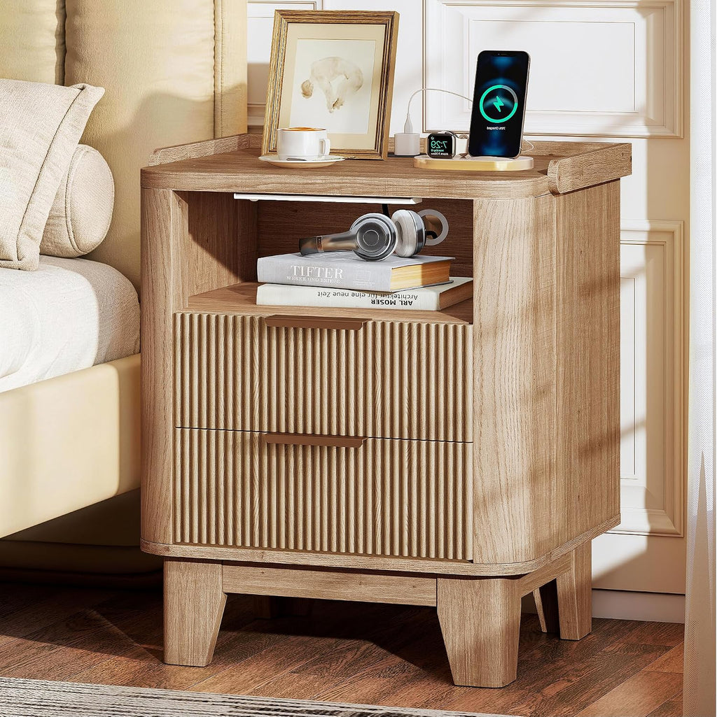 Natural Oak Fluted 2‑Drawer Charging Nightstand