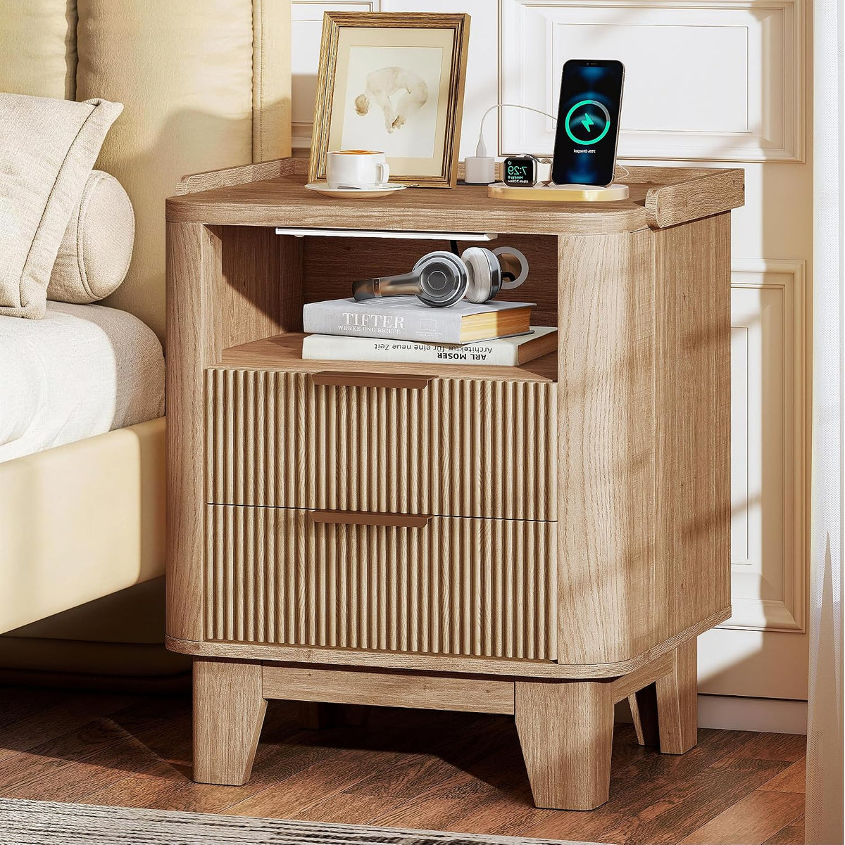 Natural Oak Fluted 2‑Drawer Charging Nightstand