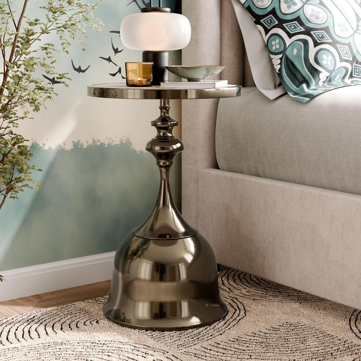 Modern Antique Brass Round Pedestal End Table