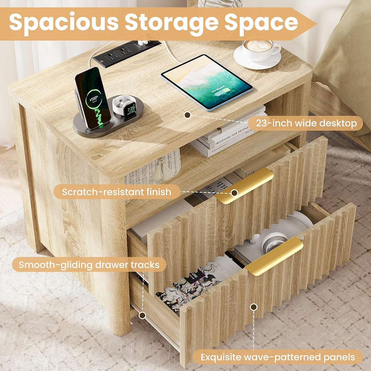 Light Oak Fluted Charging Nightstand