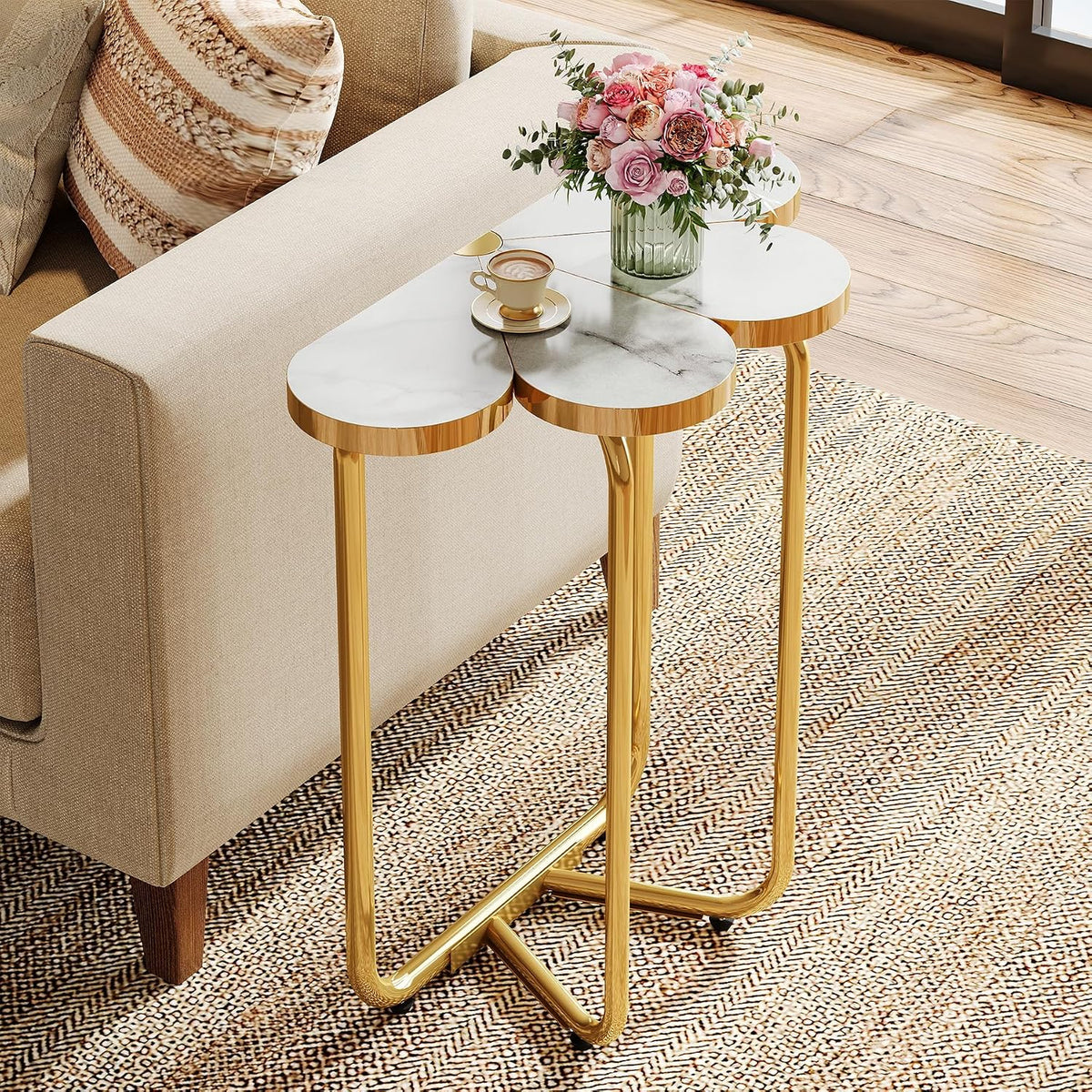 White Gold Faux Marble Narrow Side Table