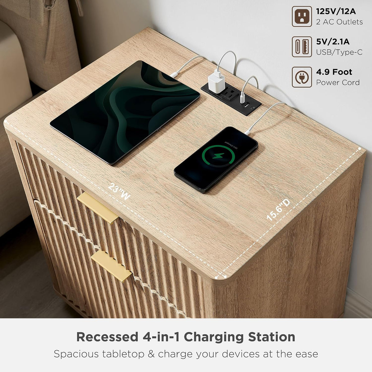Natural Oak Fluted Charging Nightstand