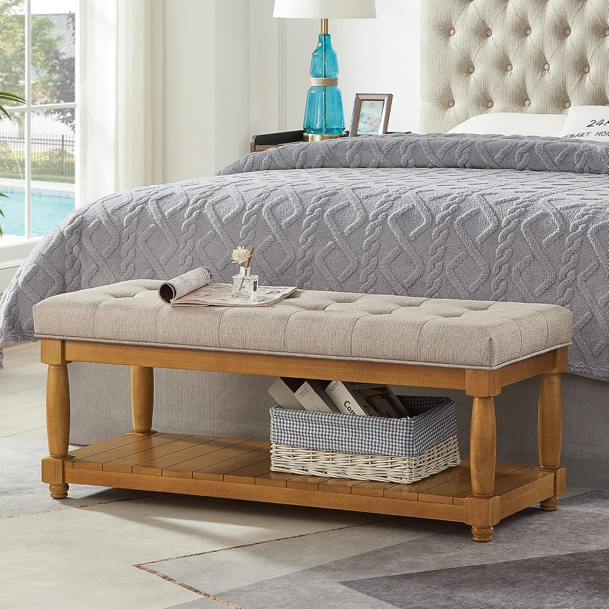 Linen Button‑Tufted Storage Bench