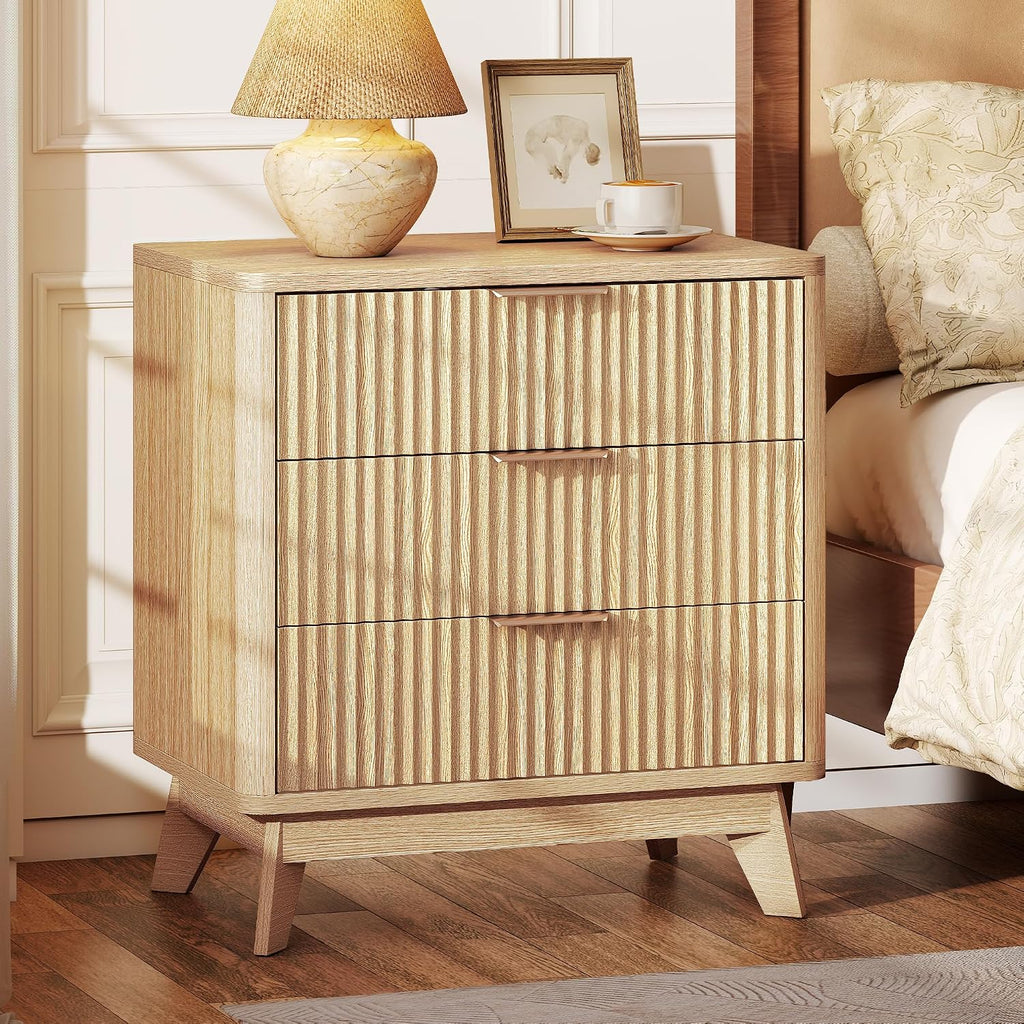 Oak Fluted Nightstand with 3 Drawers
