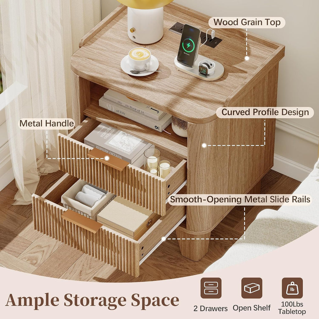 Natural Oak Fluted 2‑Drawer Charging Nightstand