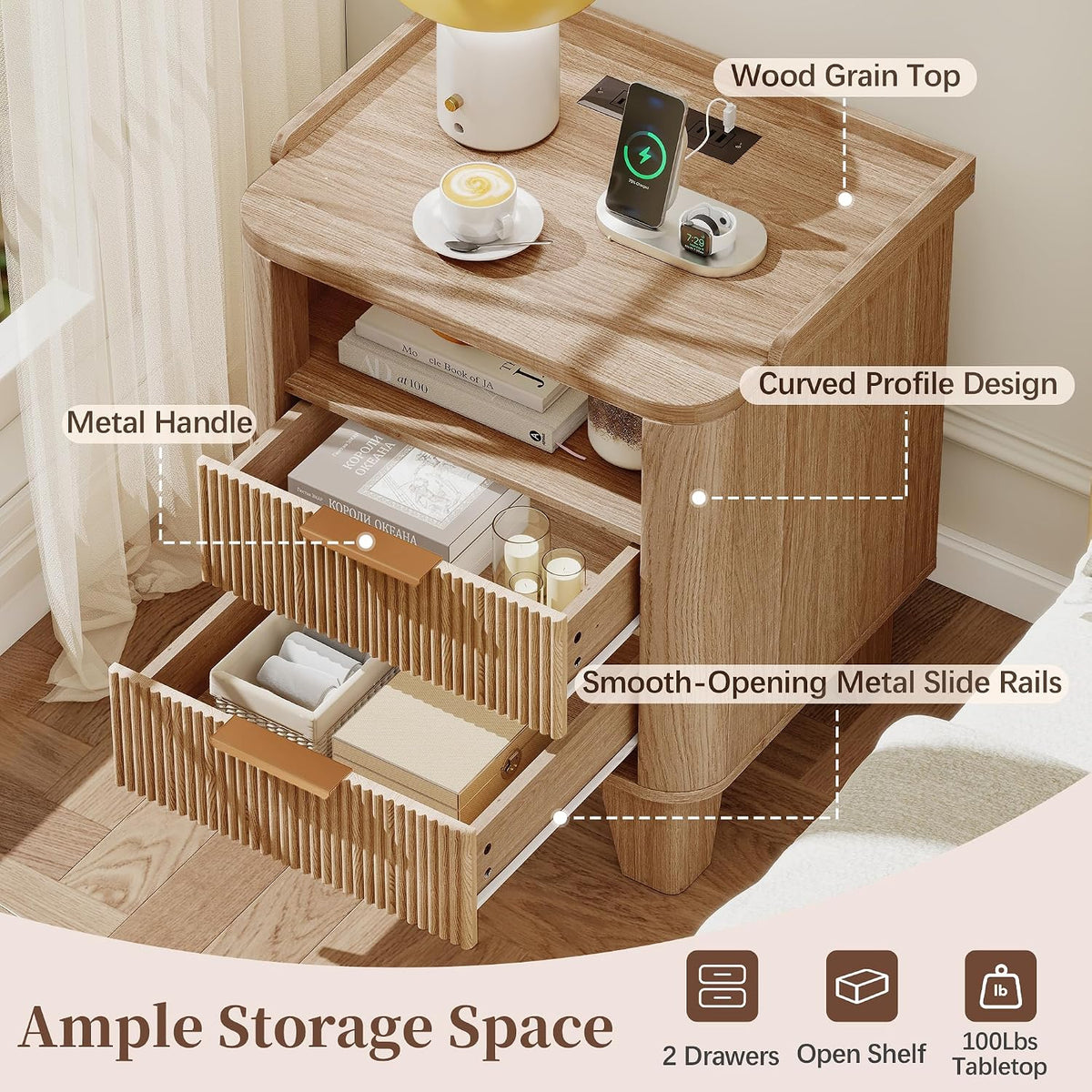 Natural Oak Fluted 2‑Drawer Charging Nightstand