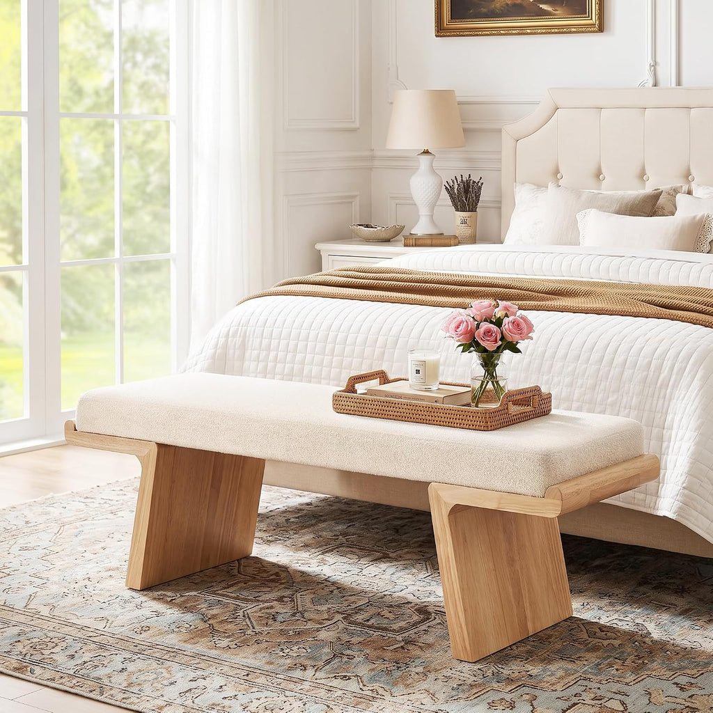 Natural‑Wood Linen Upholstered Bedroom Entryway Bench