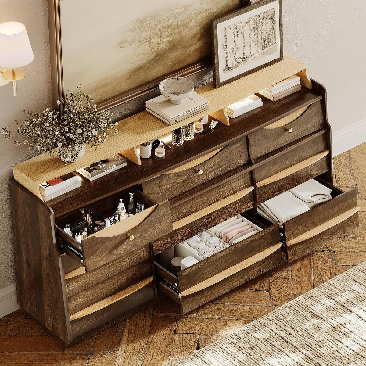 Walnut Curved 9‑Drawer LED Dresser TV Stand