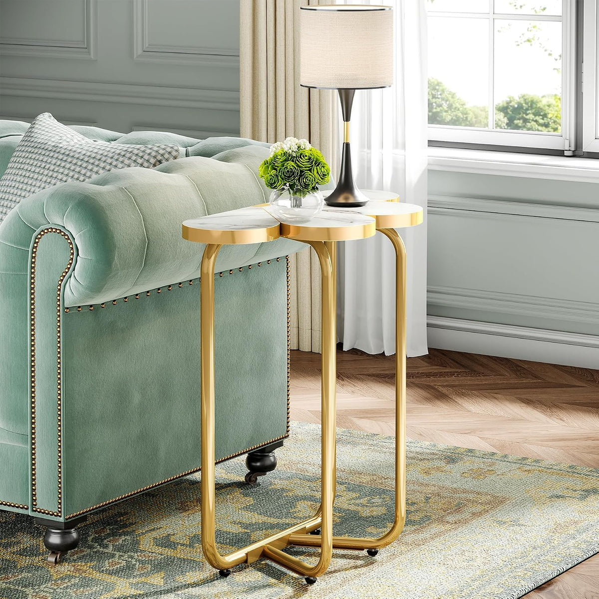 White Gold Faux Marble Narrow Side Table