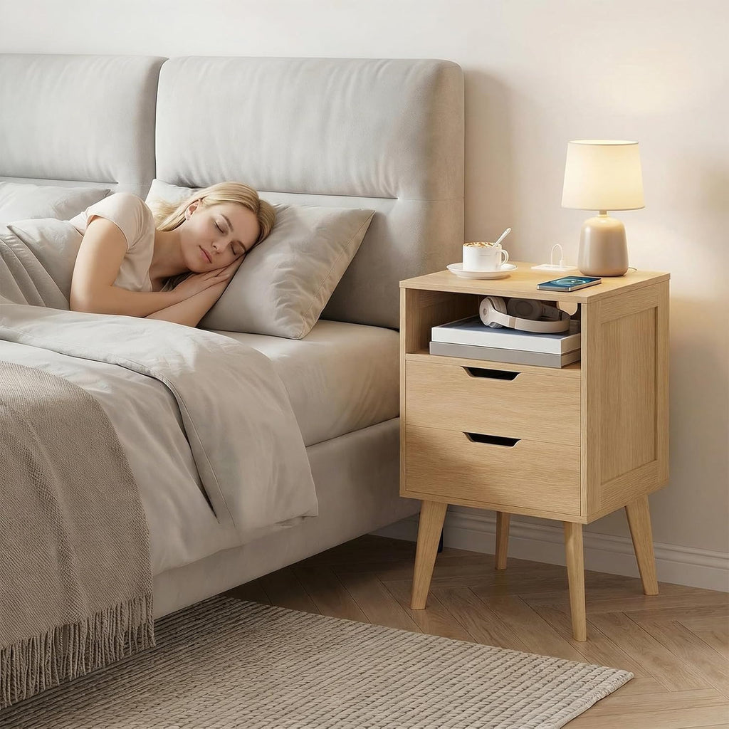 Nightstand 2 Drawers Charging Station