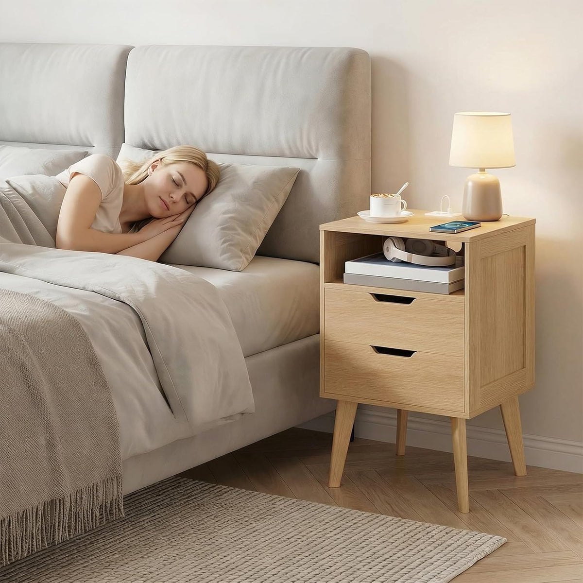 Nightstand 2 Drawers Charging Station