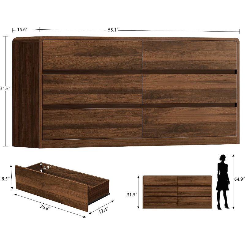 Walnut Curved 6‑Drawer Bedroom Dresser