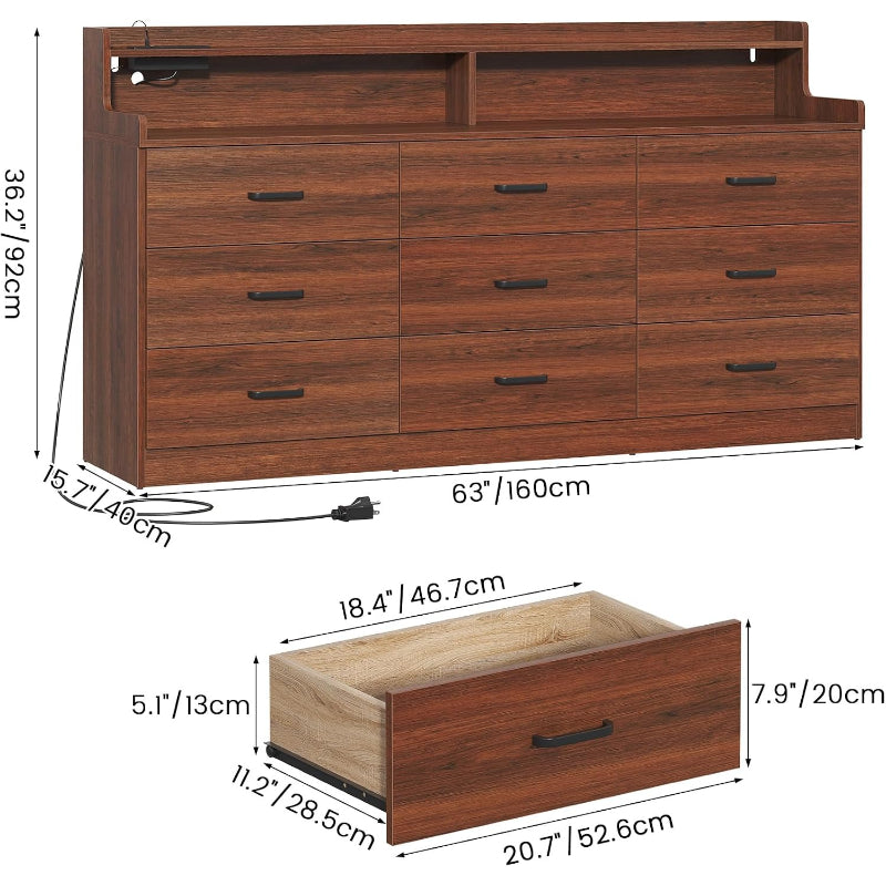 Walnut‑Brown 9‑Drawer LED Dresser