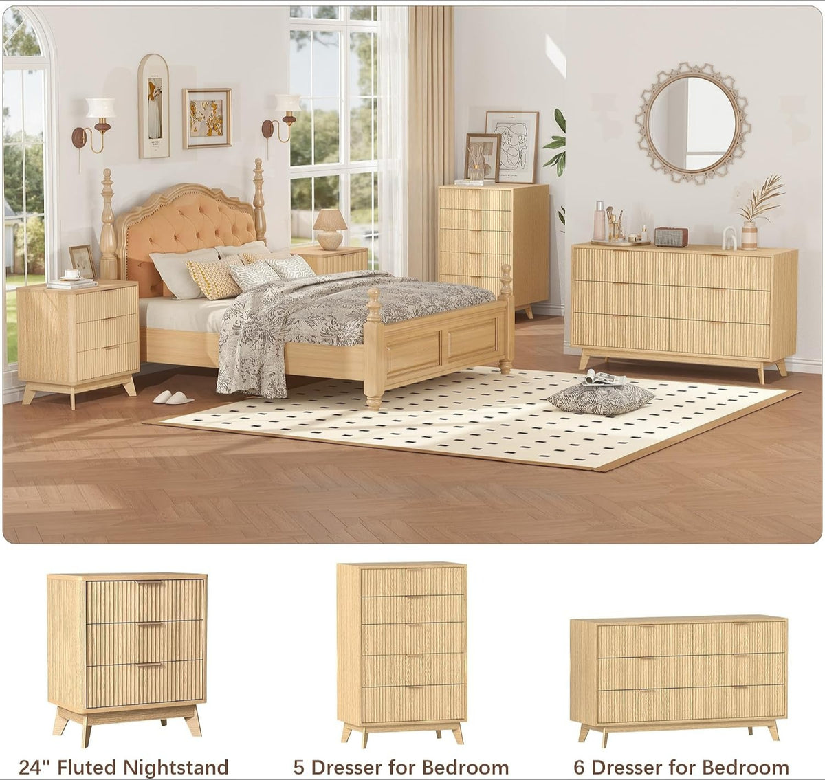 Oak Fluted Nightstand with 3 Drawers